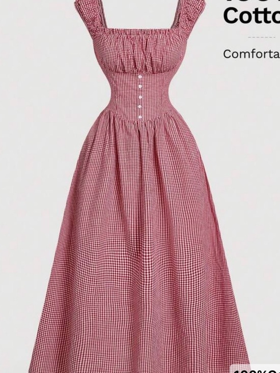 Dresses & Skirts - Red Gingham Square-Neck Maxi Dress  100% cotton